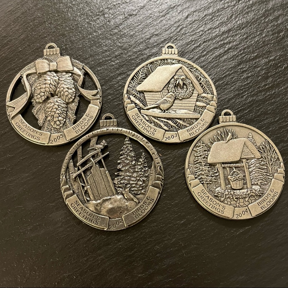 Set of 4 Pewter Birds & Blooms Season’s Greetings Christmas Ornaments 2002-2005